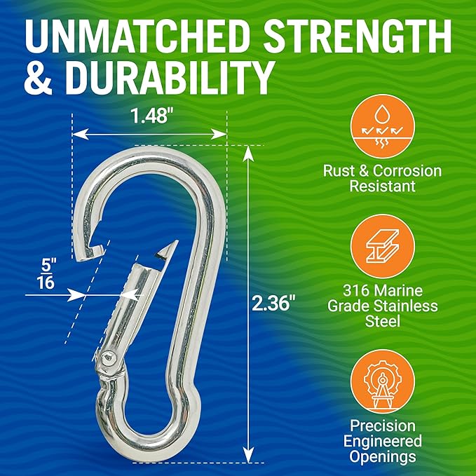 Stainless Steel Carabiner Clip, 4 Pack, 316 Marine Grade, Heavy Duty Spring Snap Hooks, Mini and Large Sizes, 2" to 4" Options