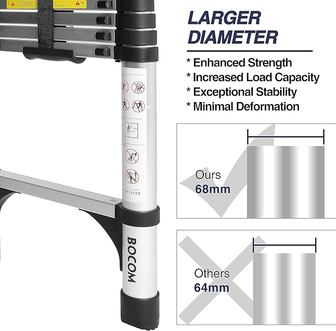 BOCOM 10.5 FT Aluminum Telescoping Ladder, Lightweight Multi-Purpose Collapsible Extension with 2 Triangle Stabilizers, Heavy Duty 330 lbs Max Capacity, Ideal for Home, RV, and Outdoor Work Silver