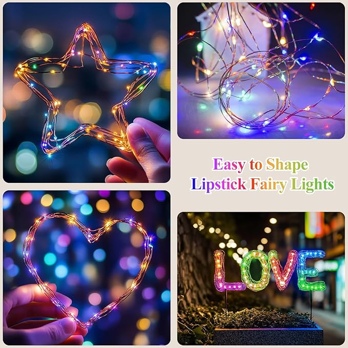 66FT(33 * 2) Multicolor Fairy Lights Battery Operated, 100 LED Twinkle Lights with Timer, Rechargeable String Lights for Bedroom, Christmas Decorations, Wedding, Centerpiece Table Decor Multicolor