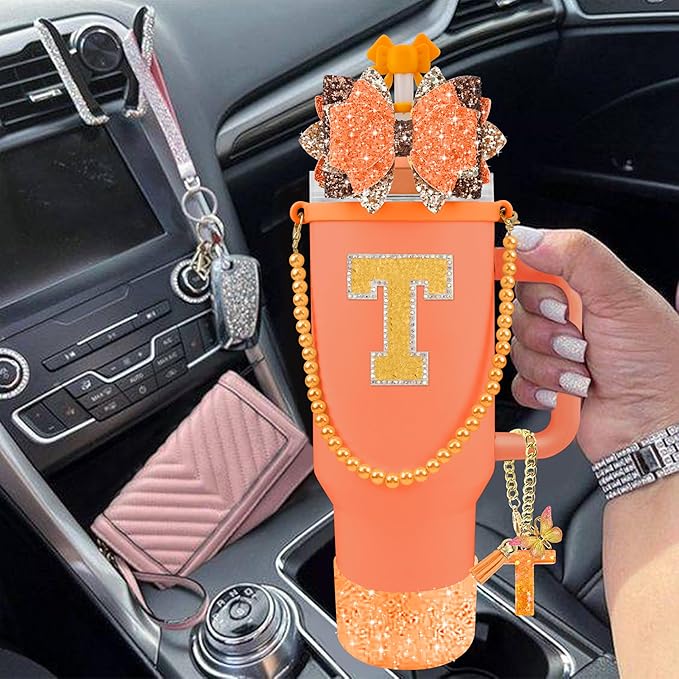 9PCS Orange for Stanley Cup Accessories Set Bling Initials Bow Charms for Stanley Decorations 30/40 Oz Tumbler Accessories Including Bow Straw Topper, Handle Strap, Spill Stopper（Letter T）