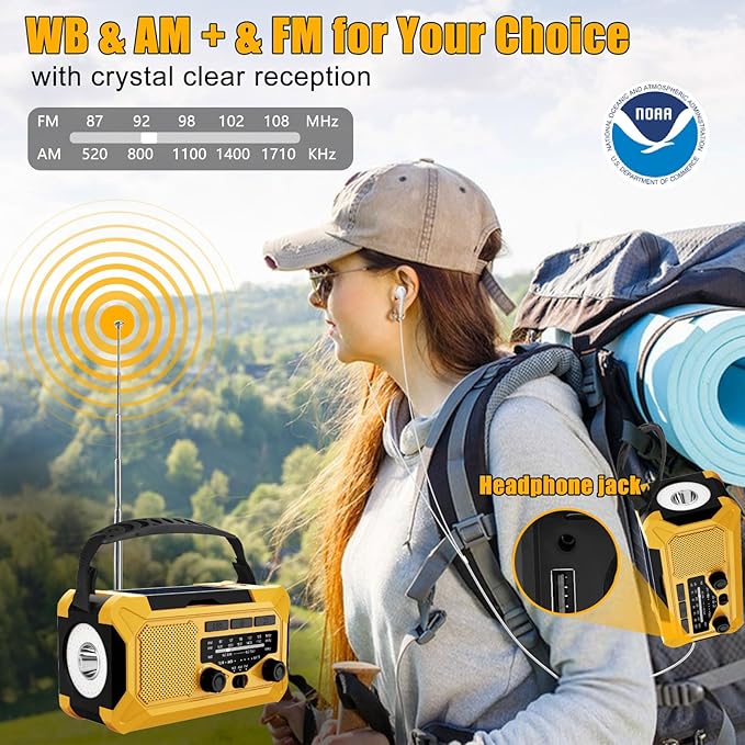 Emergency Hand Crank Radio with LED Flashlight, AM/FM NOAA Portable Weather Alert Radio, Solar Powered Radio with Phone Charger, USB Charged, Headphone Jack, SOS Alarm, Compass for Outdoors Yellow