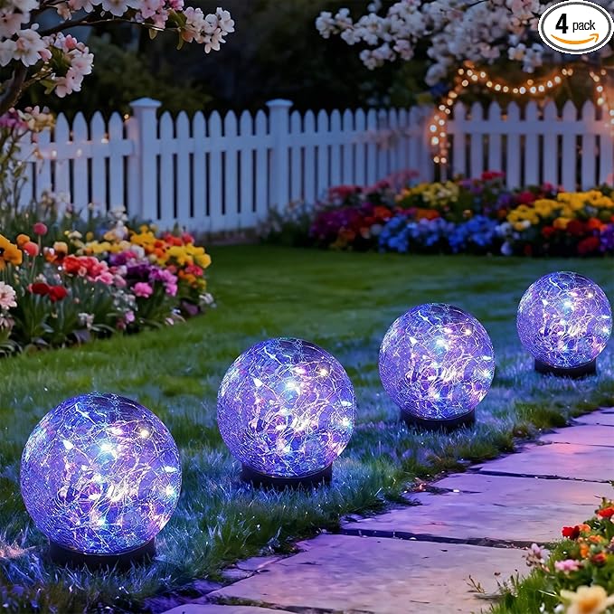 SyouHome Solar Garden Lights Outdoor Waterproof, 4 Pack 30 LEDs Cracked Glass Ball Light, Ground Landscape Garden Decor, Solar Globe Decorative for Pathway/Patio/Lawn/Yard (Multicolor)