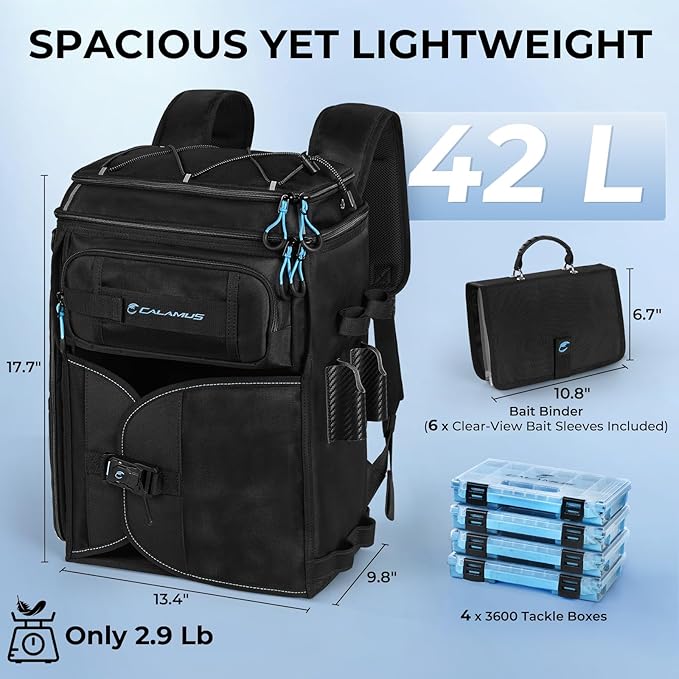 Calamus GearMaster Tackle Backpack with Bait Binder, Large Lightweight Water-Resistant Fishing Bag, Rod Holders, Food Storage