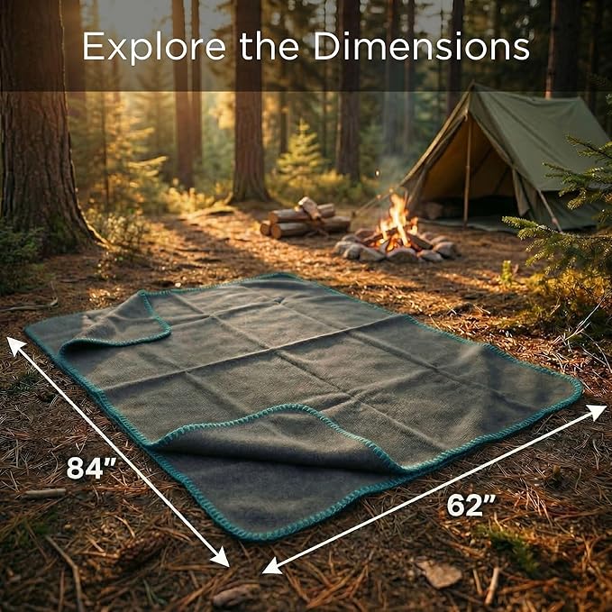 Wool Camping Blanket – 70% Wool Heavy-Duty Military Style Throw, Warm & Washable, Fire Retardant Cover for Emergency, Survival & Outdoor Use – Perfect for Camping, Car, Home & Hiking, Navy 62x84