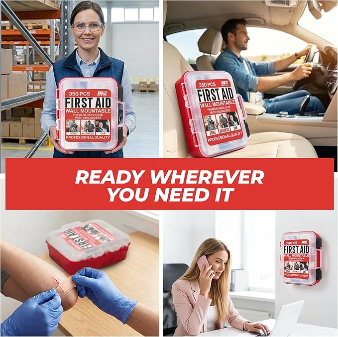 M2 BASICS Professional 350 Piece First Aid Kit, Wall Mountable Dual Layer Hard Case for Business, Home, Car, Vehicle & Work