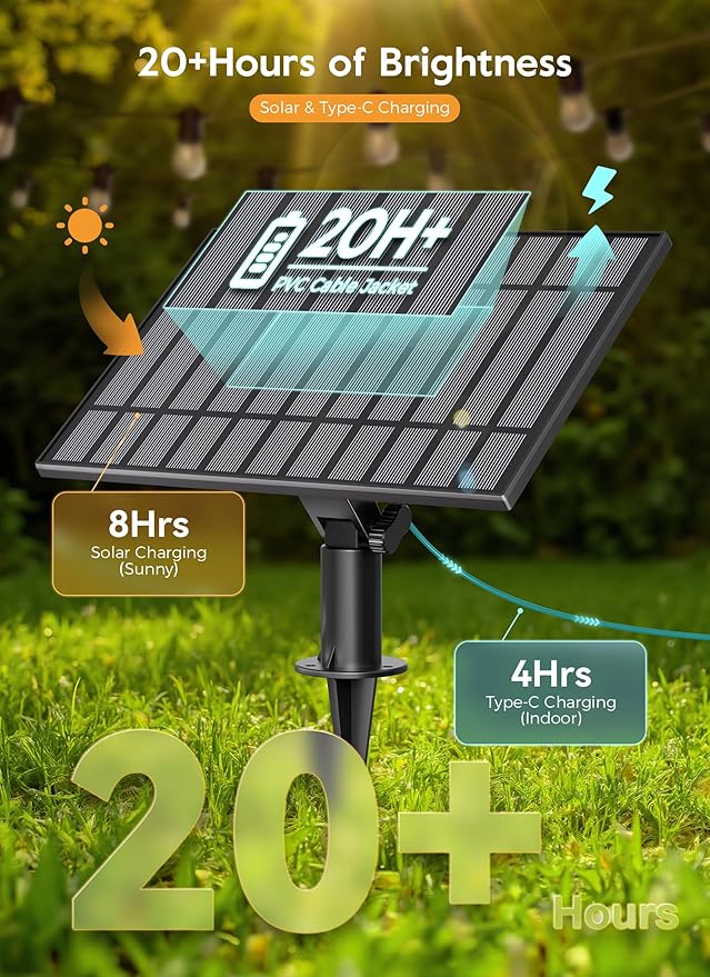Minetom 163FT Solar String Lights Outdoor Waterproof, 52 LED S14 Shatterproof Bulb, Patio Lights with Remote Type-C Port Timable, 3 Light Modes Dimmable Solar String Lights for Outside, Yard, Camping