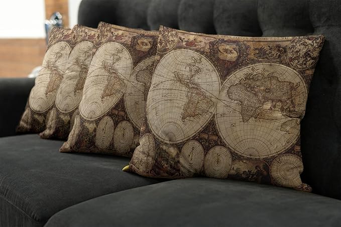 Ambesonne World Map Throw Pillow Cushion Case Pack of 4, Old World Map Drawn in 1720s Nostalgic Style Art Historical Atlas Vintage Design, Modern Accent Double-Sided Digital Printing, 18", Beige Brown