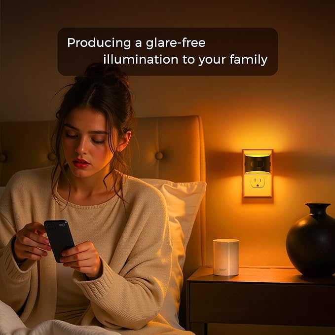 L LOHAS LED Night Light with Motion Sensor & Dusk to Dawn Sensor, Night Lights Plug into Wall with 30-100lm Adjustable Brightness, Dimmable Night Light for Bathroom Hallway, 1600K Amber, 2 Pack