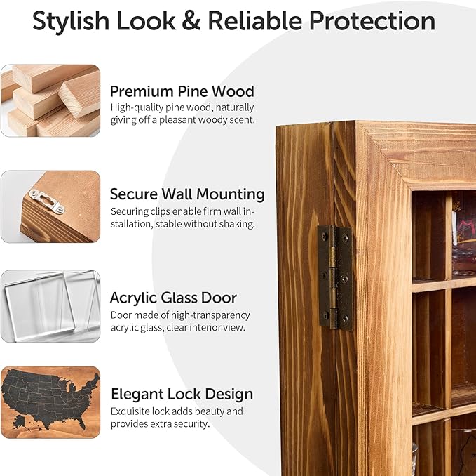 Large Map Shot Glass Display Case 60 Slots with Door, 34 x 26''Rustic Brown Wood Holder for 2 Different Size Shot Glasses (US Map-with Acrylic Glass Door, Pedestal)
