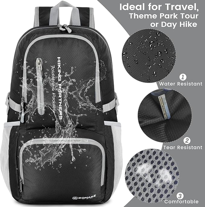 ZOMAKE Lightweight Packable Backpack, 35L Light Foldable Hiking Backpacks Water Resistant Collapsible Daypack for Travel(Black)