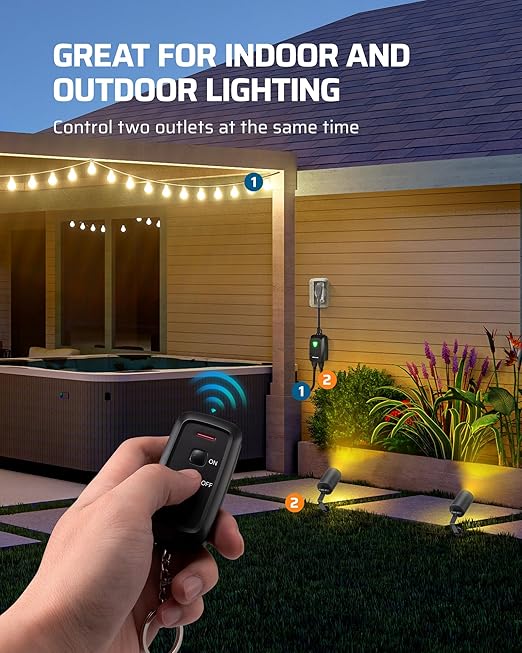 DEWENWILS Outdoor Wireless Remote Control Outlet Power Strip Weatherproof, Expandable Indoor Outdoor Electrical Plug in Light Switch, 15 A, 7-Inch Extension Cord, 100 FT Range, ETL Listed