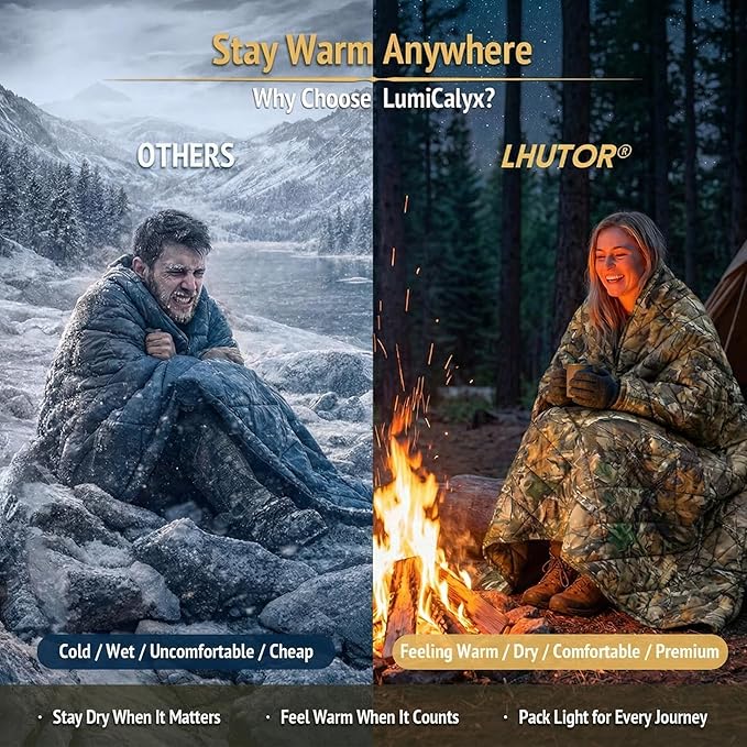 Insulated Camping Blanket | Military Poncho Liner for Hiking Backpacking Travel Hunting & Survival Gear, Water Resistant Outdoor Blanket with Lightweight & Packable Compression Bag(Leaf)