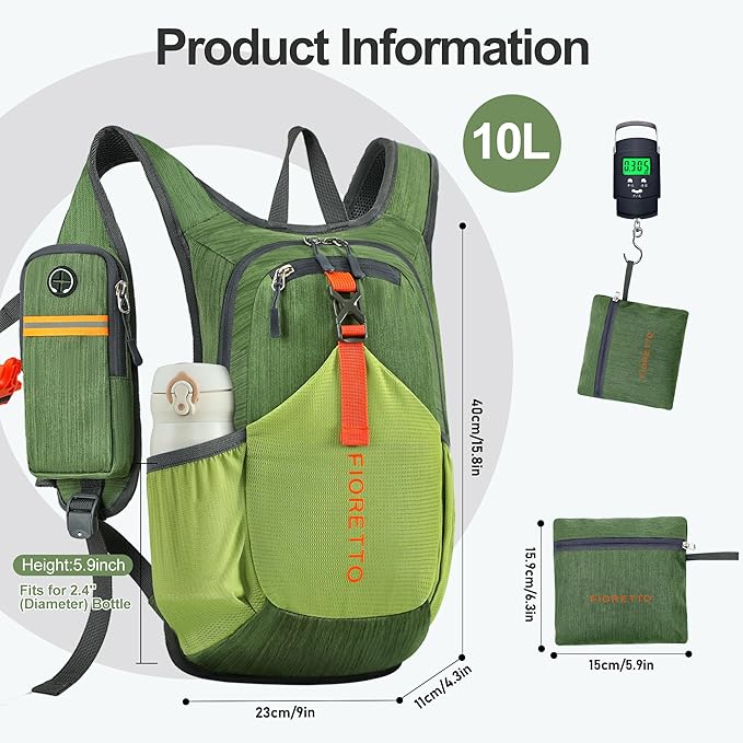 FIORETTO 10L Lightweight Packable Hiking Backpack Small Foldable Daypack for Women Men Compact Travel Backpack for Camping & Outdoor, Green
