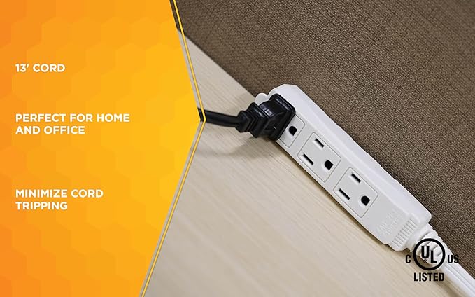 Woods SlimLine Angled Flat Plug Extension Cord; Space Saving Flat Design; 3 Grounded Outlets; 13-Foot; 13 Amps; 1625 Watts; 125 Volts; UL Listed; 2232