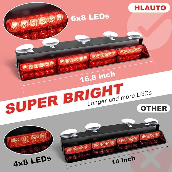 HLauto 6Z4J Emergency Dash Strobe Lights: 2x16.8 inch Red Safety Lights, 48 LED Flashing Warning Hazard Interior Windshield Visor Traffic Light Bar for Trucks, Construction Vehicles