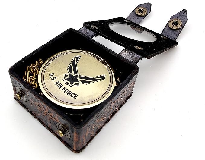 5MoonSun5's US AIR Force Engraved Brass Military Compass Nautical Marine with Leather Display Case - Perfect and Unique Gift for Army Person - Survival Navigation Compass for Hiking Camping Hunting