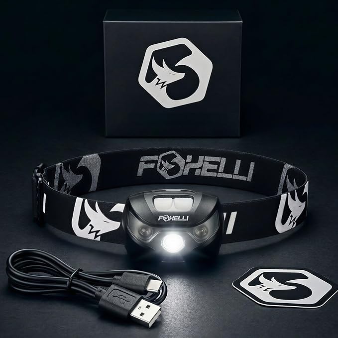 Foxelli USB-C Rechargeable LED Headlamp – Super Bright, Lightweight Head Lamp for Running, Camping, Hiking & Work – Comfortable Fit for Adults & Kids