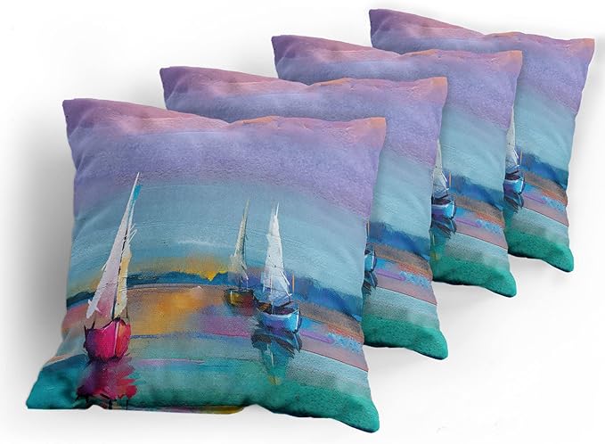 Ambesonne Abstract Oil Painting Decorative Throw Pillow Case Pack of 4, Modern Art with Boat Sail on The Sea Illustration of Nautical Motifs, Cushion Cover for Couch Living Room Car, 16", Purple Teal