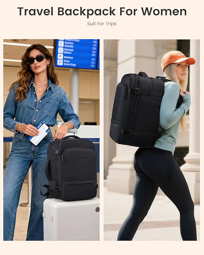 LOVEVOOK Travel Backpack for Women & Men, Carry On Backpack with Cup Holder, Personal Item Travel Bag Flight Approved with Padded Laptop Compartment, Weekender Daypack With 2 Cubes, 18 Inch Black