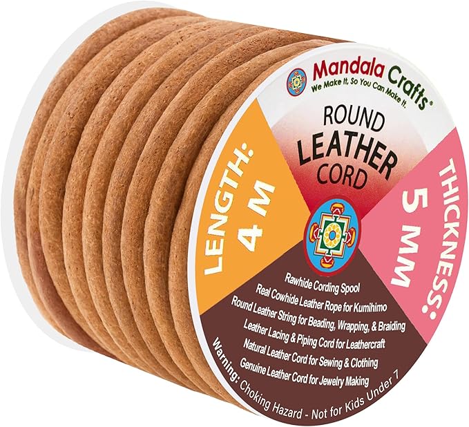 Mandala Crafts Round Genuine Camel Leather Cord for Jewelry Making – 5mm Cowhide Leather Rope String Lace for Kumihimo – 4.4 Yards Cowhide Craft Cording Spool