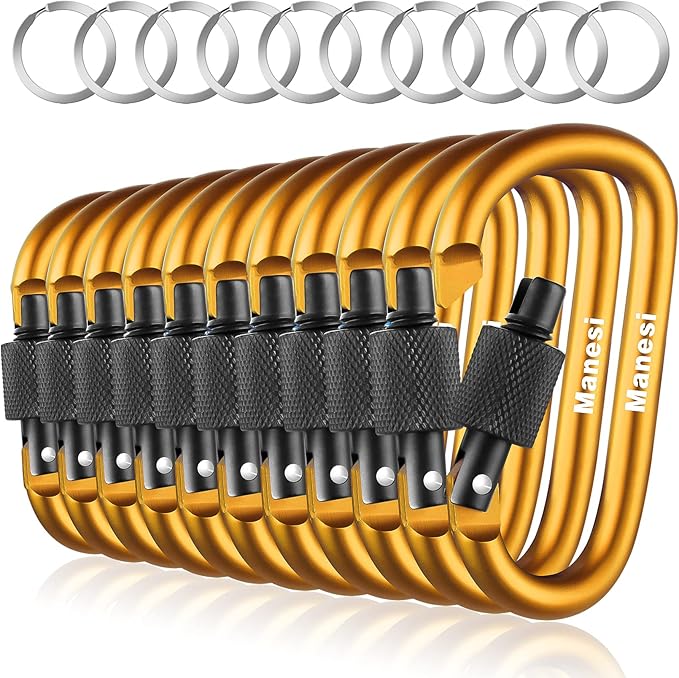 10 Pack Aluminum D Ring Key Rings Clips Locking Carabiner for Camping Fishing and Outdoor Use，Clips with Screw Gate Multicolored
