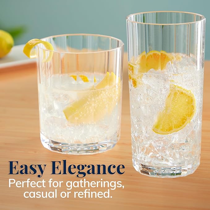 US Acrylic Faceted Clear Plastic Reusable Drinking Glasses (Set of 8) 14oz Rocks & 18oz Water Cups, BPA-Free Tumblers, Made in USA, Top-Rack Dishwasher Safe