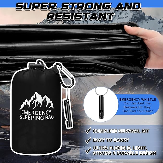 Oudain 2 Pcs XL Emergency Sleeping Bag 94.5" x 49.2" Waterproof Survival Sleeping Bag with Whistle Carabiner Portable Thermal Bivy Sack Emergency Blankets for Camping Hiking Outdoor