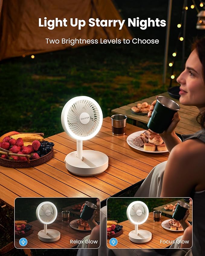 Gaiatop Foldable Small Desk Fan with LED Night Light, 6.8in Wireless 6000mAh Battery Powered Portable Fan USB Rechargeable, Bedroom Office Dorm Camping Travel Cruise Essentials, Gifts for Women Men