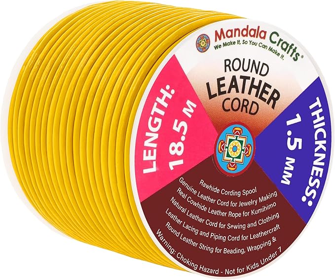Mandala Crafts Round Genuine Mustard Yellow Leather Cord for Jewelry Making – 1.5mm Cowhide Leather Rope String Lace for Kumihimo – 20 Yards Cowhide Craft Cording Spool