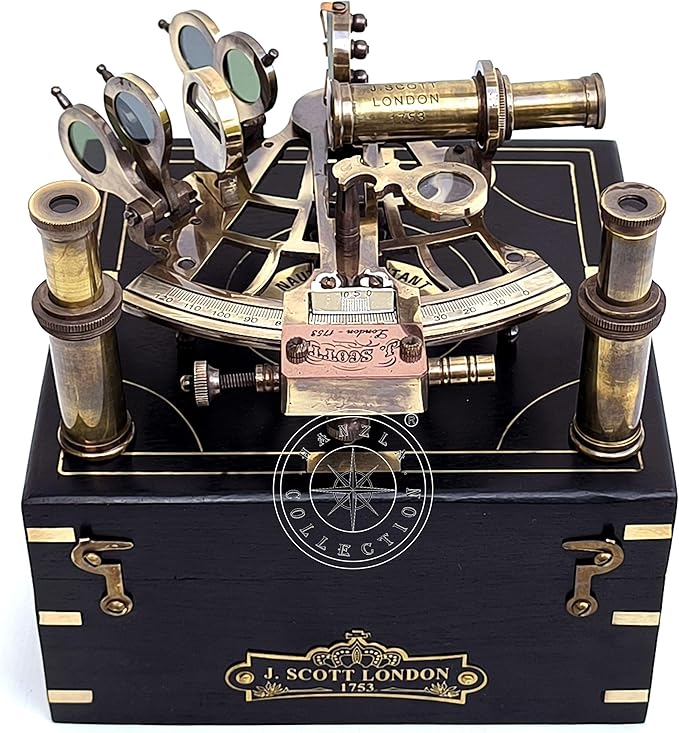 J. Scott London Brass Ship Sextant with Hardwood Box – Vintage Nautical Marine Navigation Instrument, Collectible Maritime Decor Handmade Gift for Father's Day, Baptism, Partner, Best Men, Graduation