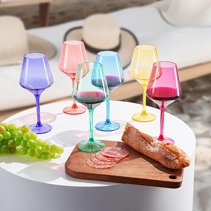 European Style Plastic Crystal Unbreakable Stemmed Wine Glasses | Set of 12 | Acrylic Glasses Tritan Bright Colors Shatterproof BPA-free, Outdoor, Pool, Indoor, Hand Wash 17oz Gift, Everyday & Holiday