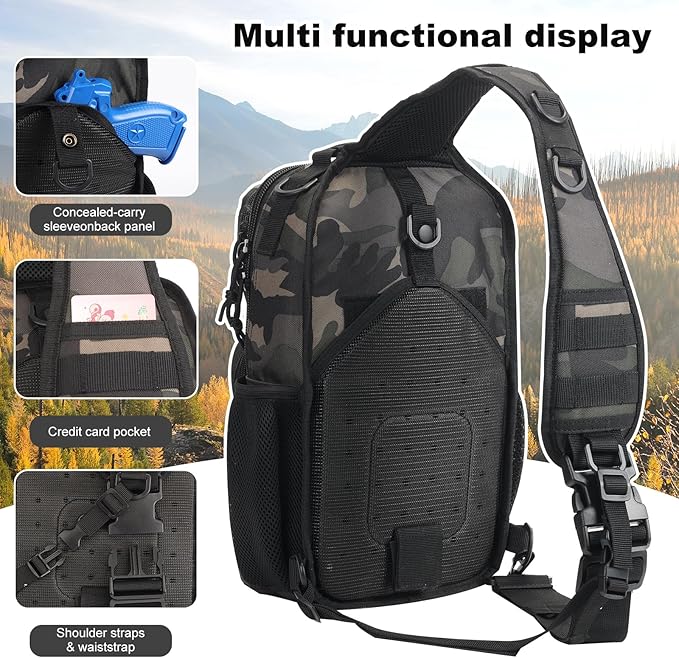 Rover Sling Pack Tactical Shoulder Sling Bag Backpack with Bottle Holder Crossbody Chest Bag, Black Camo