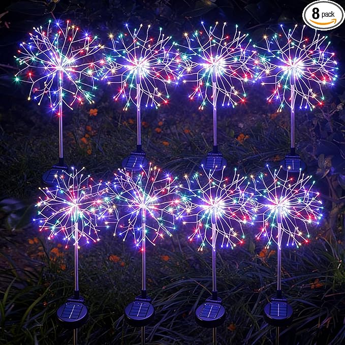 Solar Garden Lights Outdoor Yard Decorations, 8 Pack 150Leds Pathway Lights, Fairy Firework Stake Light for Garden, Patio, Pathway, Flowerbed Multicolor