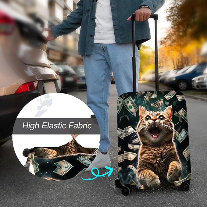 Luggage Cover Protector for 22-24 Inch Suitcases, TSA Approved Elastic Travel Suitcase Covers, Anti-Scratch Washable Luggage Sleeve for Carry On & Checked Bags, Excited Cat