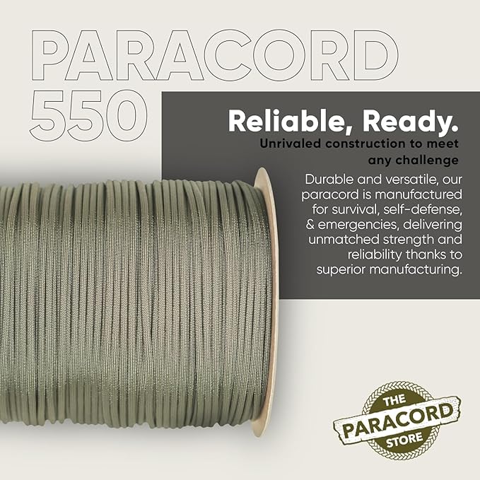 The Paracord Store | Type III 550 Paracord - 250 FT Spool, Khaki | Heavy Duty 7 Strand Tactical Paracord - USA Made Nylon Outdoor Parachute Cord for Camping, Fishing & More - Survival Cord
