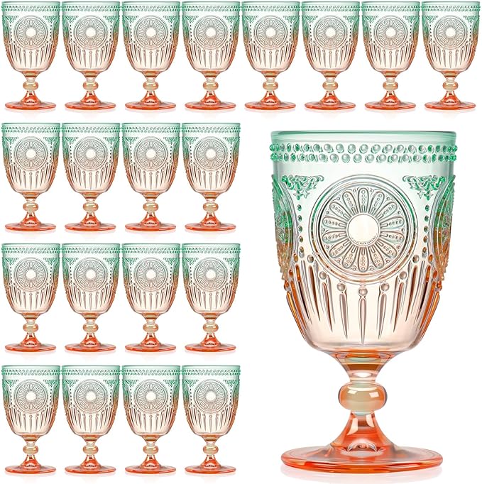 XUWAIDSGN 24Pcs Plastic Vintage Wine Glasses 13.5oz Reusable Embossed Goblet Glasses Green Orange Gradien Retro Wine Glassware Unbreakable Stemmed Champagne Water Cups for Cocktail Juice Wedding