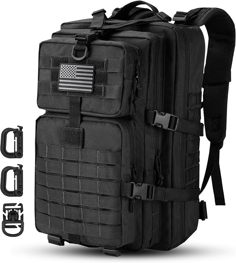 Hannibal Tactical MOLLE Assault Backpack, Tactical Backpack Military Army Camping Rucksack, 3-Day Pack, D-Rings, Black with Gray Patch