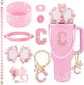 9PCS Pink for Stanley Cup Accessories Set Bling Initials Bow Charms for Stanley Decorations 30/40 Oz Tumbler Accessories Including Bow Straw Topper, Handle Strap, Spill Stopper（Letter C）