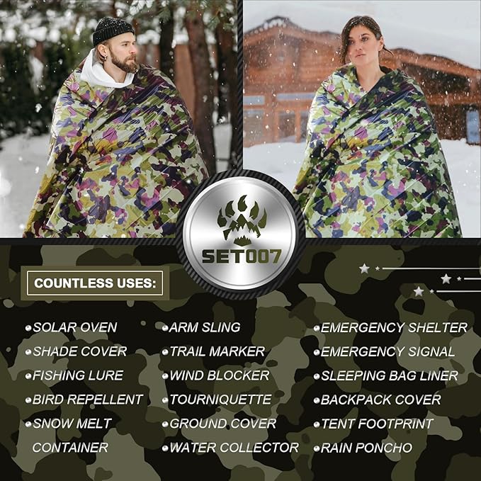 5-Pack Mylar Survival Blanket - 90% Heat Retention, Waterproof, Emergency Blankets for Cold Weather Protection, Durable Space Blankets for Survival Kits, Hiking, Camping, Fishing, Camouflage
