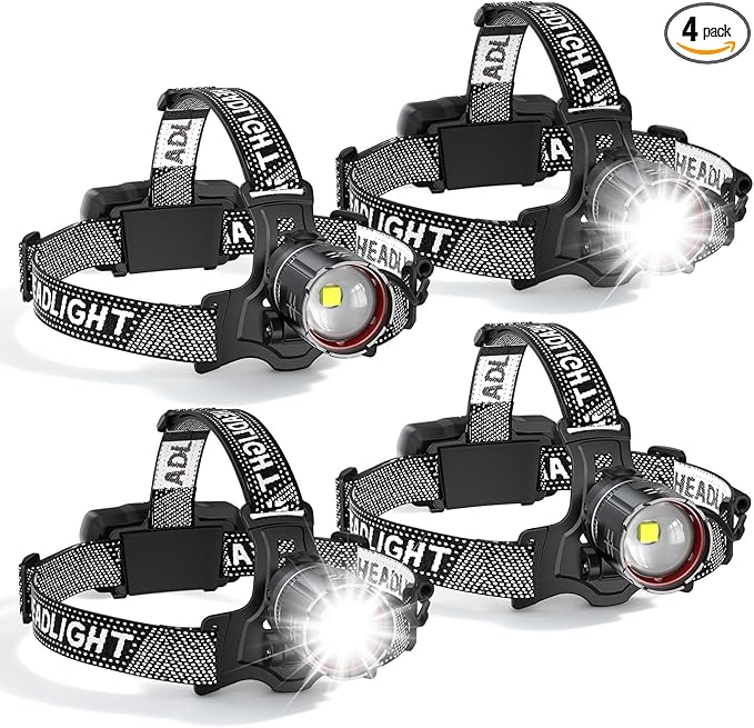 ATDOALL Super Bright LED Headlamp 4 Pack, High Lumen Rechargeable Head Lamp with Motion Sensor, 5 Modes, IPX5 Waterproof, 90° Adjustable, Zoomable Head Lights for Adults, Hard Hat, Outdoor, Camping