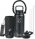 Trebo 32 oz Water Bottle Insulated with Lid and Straw,Triple Wall Vacuum Stainless Steel Metal Tumbler Sports Flask with Paracord Handle, Keep Hot 24 Hours & Cold 48 Hours Water Cup with 3 Lids, Black