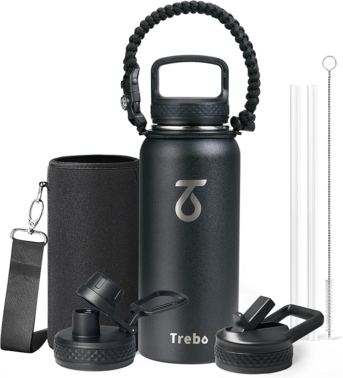 Trebo 32 oz Water Bottle Insulated with Lid and Straw,Triple Wall Vacuum Stainless Steel Metal Tumbler Sports Flask with Paracord Handle, Keep Hot 24 Hours & Cold 48 Hours Water Cup with 3 Lids, Black