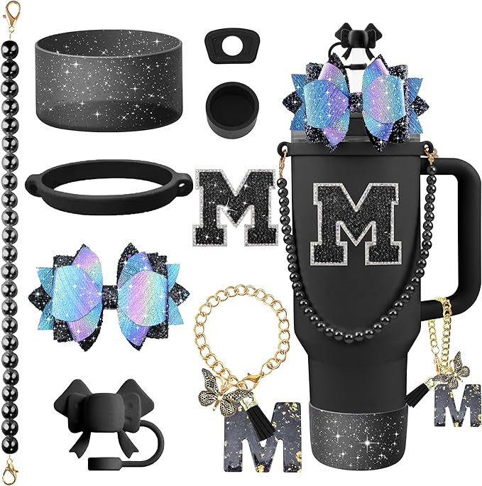 9PCS Black for Stanley Cup Accessories Set Bling Initials Bow Charms for Stanley Decorations 30/40 Oz Tumbler Accessories Including Bow Straw Topper, Handle Strap, Spill Stopper（Letter M）