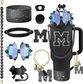 9PCS Black for Stanley Cup Accessories Set Bling Initials Bow Charms for Stanley Decorations 30/40 Oz Tumbler Accessories Including Bow Straw Topper, Handle Strap, Spill Stopper（Letter M）