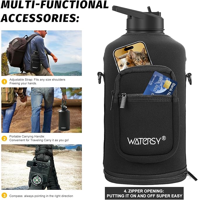 1 Gallon Water Bottle Insulated(Cold for 48 Hrs),BPA Free&Leak Proof,128oz Stainless Steel Water Jug,Large Water Bottle with Straw Spout Lids for Gym,Hiking,Camping&Travel,Black