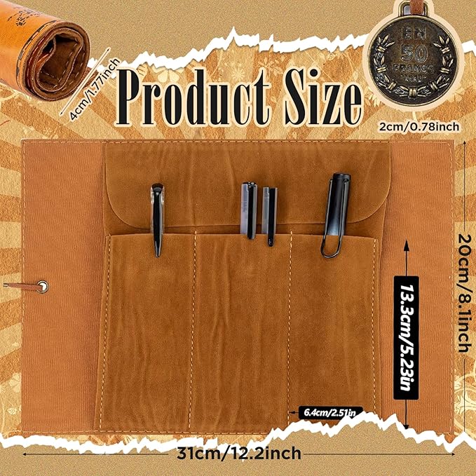 4 Pieces Leather Pencil Case, Creative Map Rollup Pencil Bag, Vintage Makeup Brush Pouch, Brown PU Matte Smooth Cover Storage Pouch Holder Organizer