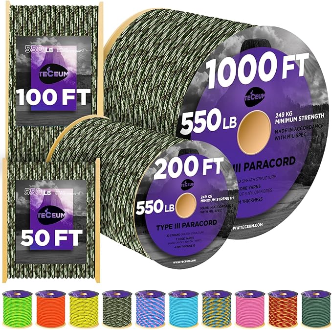 TECEUM Reflective Paracord Rope 1000 – 1000ft/200ft/100ft/50ft – 40+ Colors – Glow in The Dark – para Cord – Utility Rope for Survival, Hunting & Camping Gear – Nylon String, Camping Rope, Tent Cord