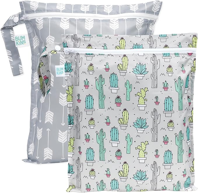Bumkins - Waterproof Wet Bag - For Baby, Travel, Swim Suit, Cloth Diapers, Pump Parts, Pool, Gym, Toiletry, Strap to Stroller - Reusable & Easy to Clean - 2pk - Cactus & Arrows