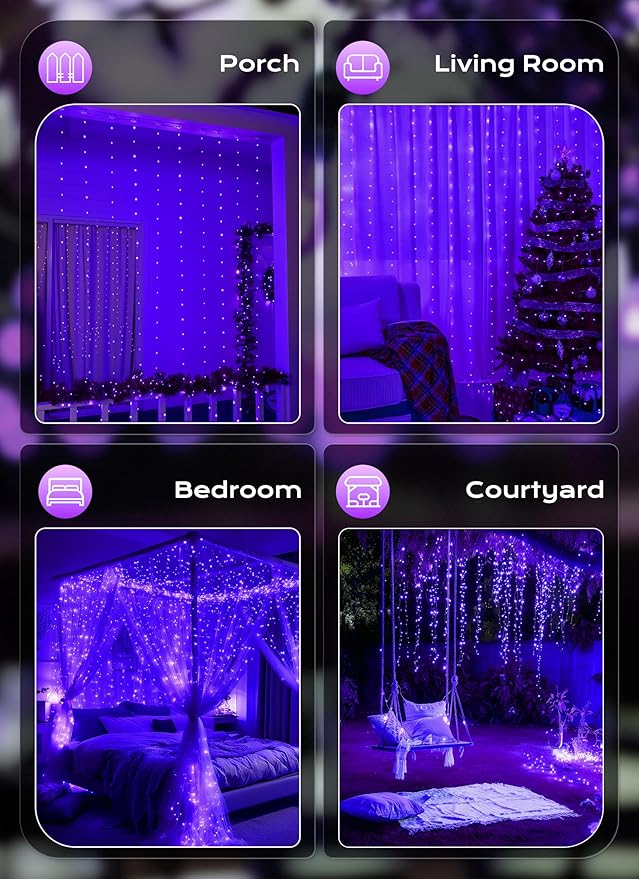 Brightown 300 LED Purple Fairy Curtain Lights, 9.8ft x 9.8ft String Lights, USB Plug in 8 Lighting Modes Christmas String Hanging Lights with Remote for Bedroom Indoor Outdoor Party Xmas Purple 1 Pack