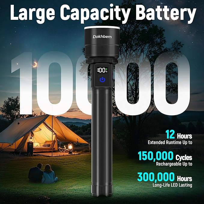 Rechargeable Flashlights 2 Pack, Super Bright LED Long Handle Flashlight with LCD Digital Display, 5 Modes & Zoomable Tactical FlashLights, Large Capacity Battery Powerful Flash Light for home